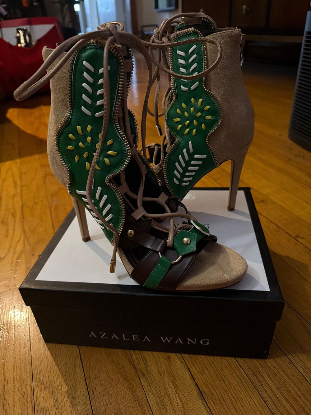 Azalea Wang Lace-Up High Heel Sandals Size 37 Beige Suede Green Leather Brown